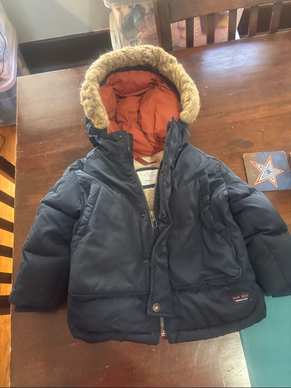 Zara Navy Puffer Jacket with Orange Lining and Faux-Fur Trim